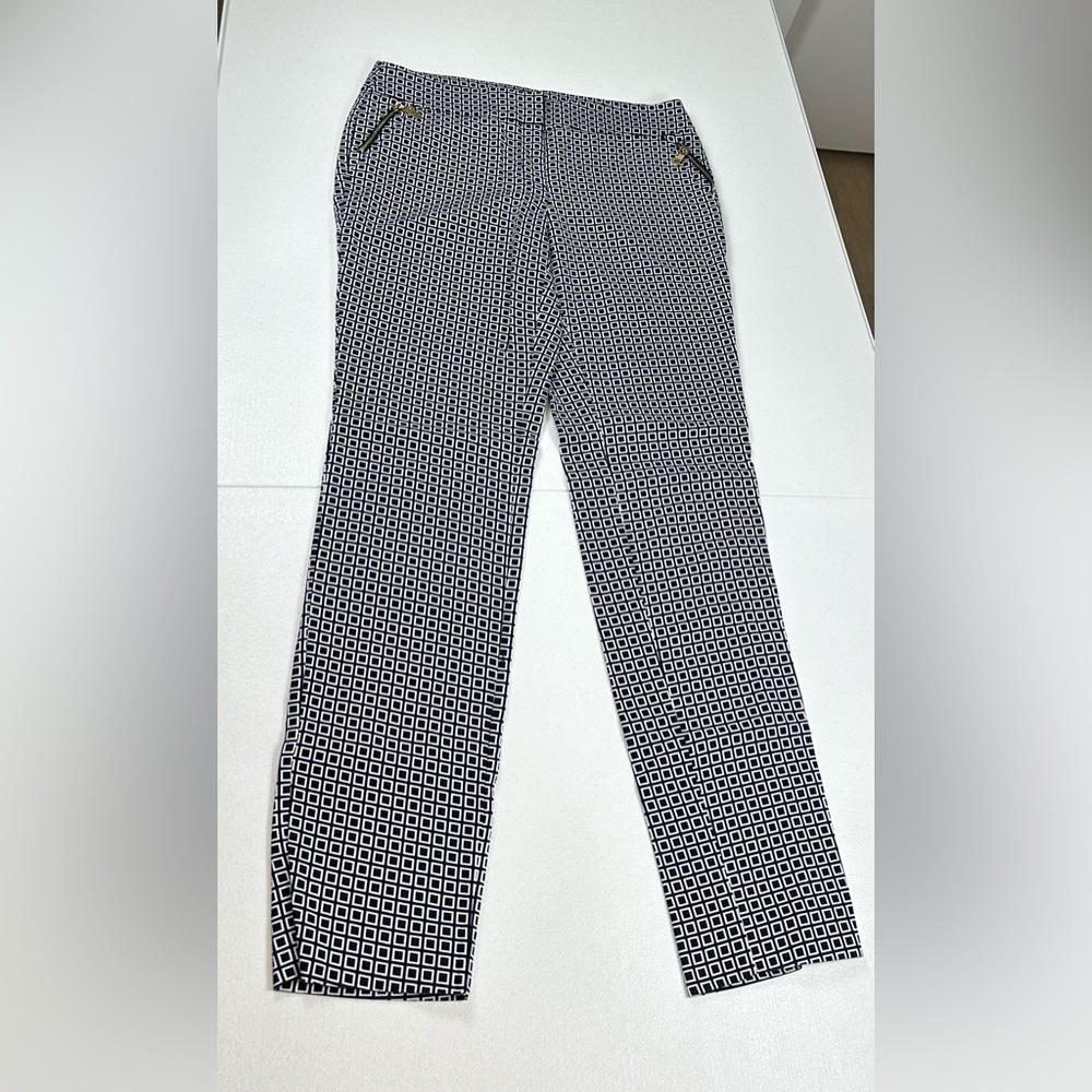 Anne Klein Navy and White Square Patterned Pants Sz 4 Cotton Logo Zipper Pockets